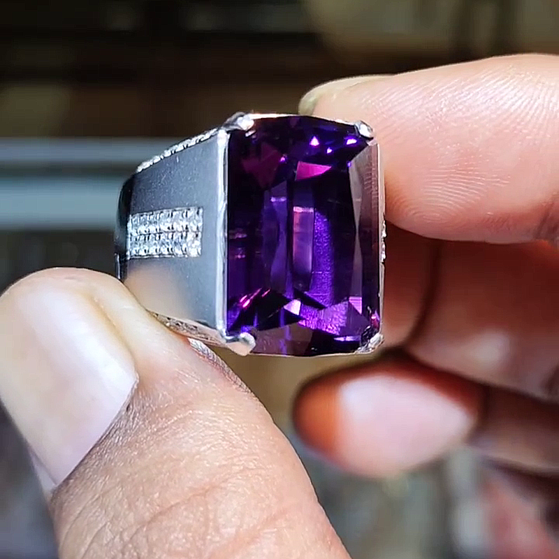 15ct Cushion Cut Amethyst Wide Handmade Men's Ring