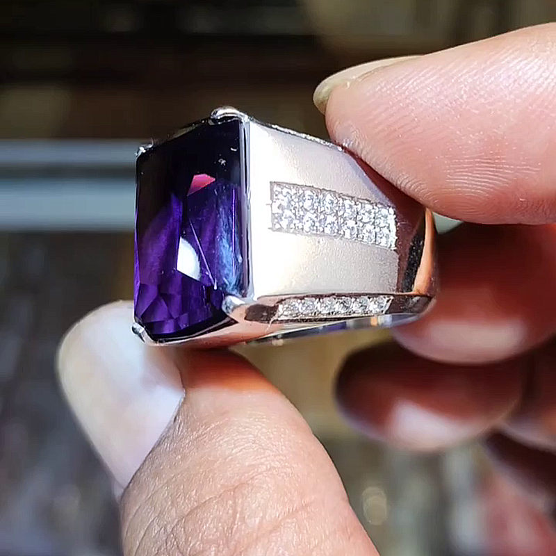 15ct Cushion Cut Amethyst Wide Handmade Men's Ring