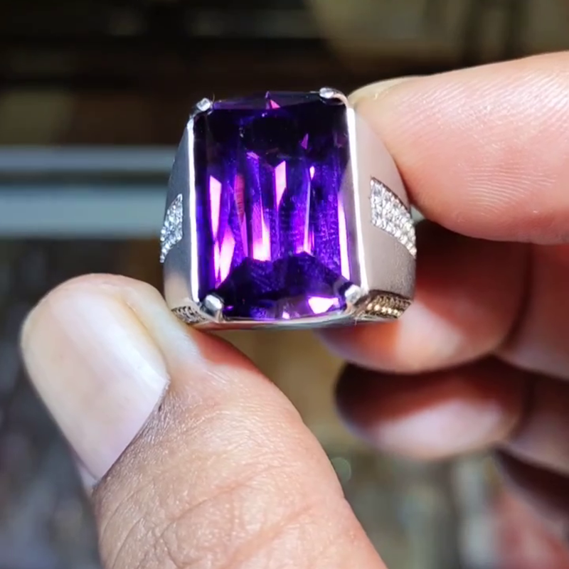 15ct Cushion Cut Amethyst Wide Handmade Men's Ring