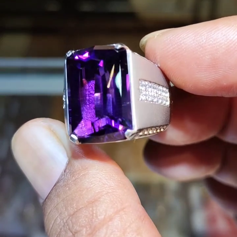 15ct Cushion Cut Amethyst Wide Handmade Men's Ring