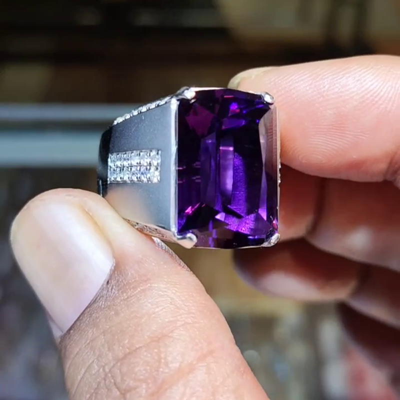 15ct Cushion Cut Amethyst Wide Handmade Men's Ring