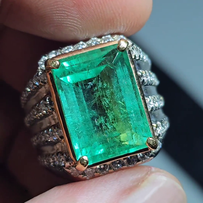 15ct Emerald Cut Emerald Green Two-Tone Pave Set Handmade Men's Ring