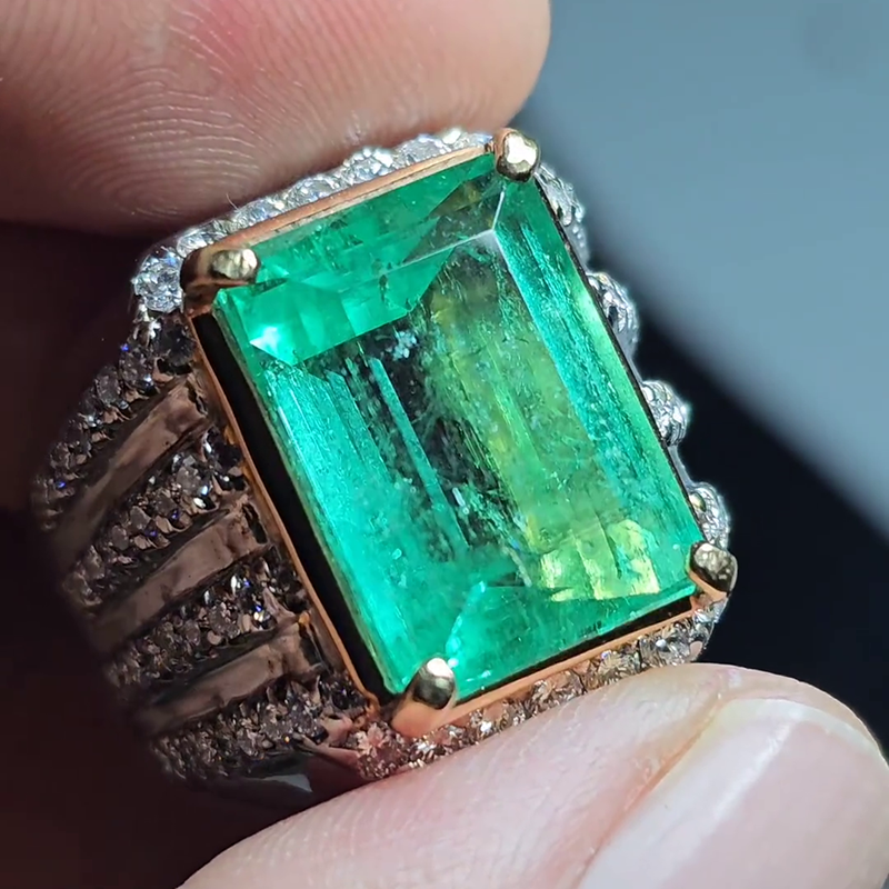 15ct Emerald Cut Emerald Green Two-Tone Pave Set Handmade Men's Ring