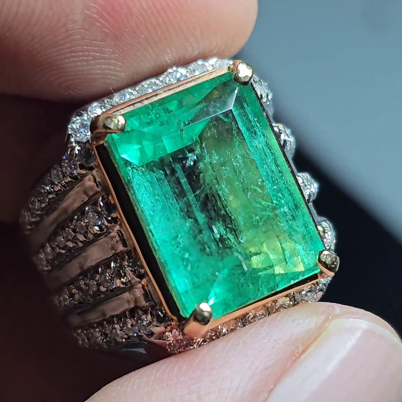 15ct Emerald Cut Emerald Green Two-Tone Pave Set Handmade Men's Ring