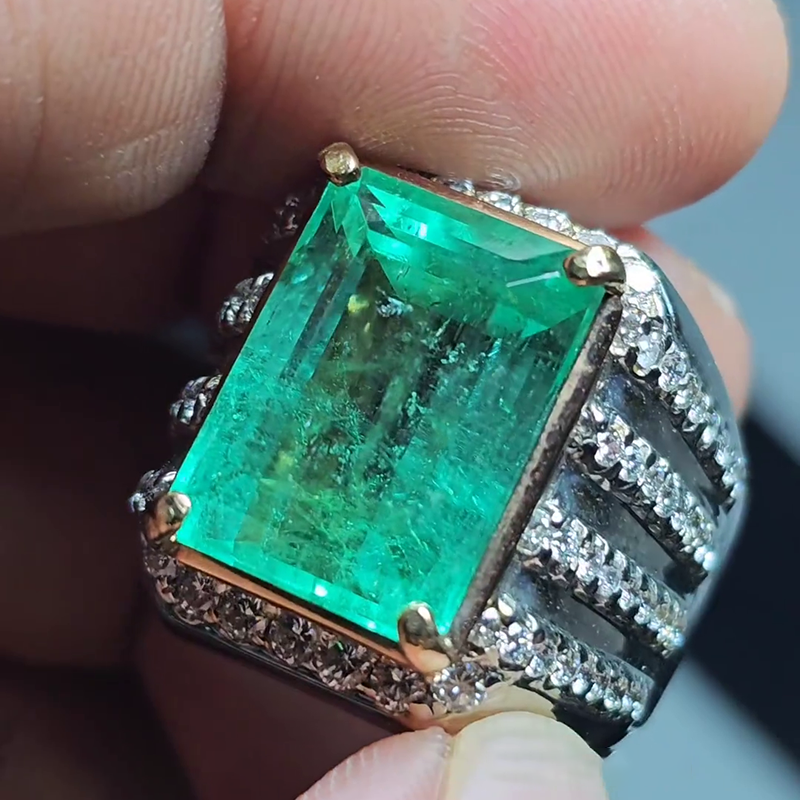 15ct Emerald Cut Emerald Green Two-Tone Pave Set Handmade Men's Ring