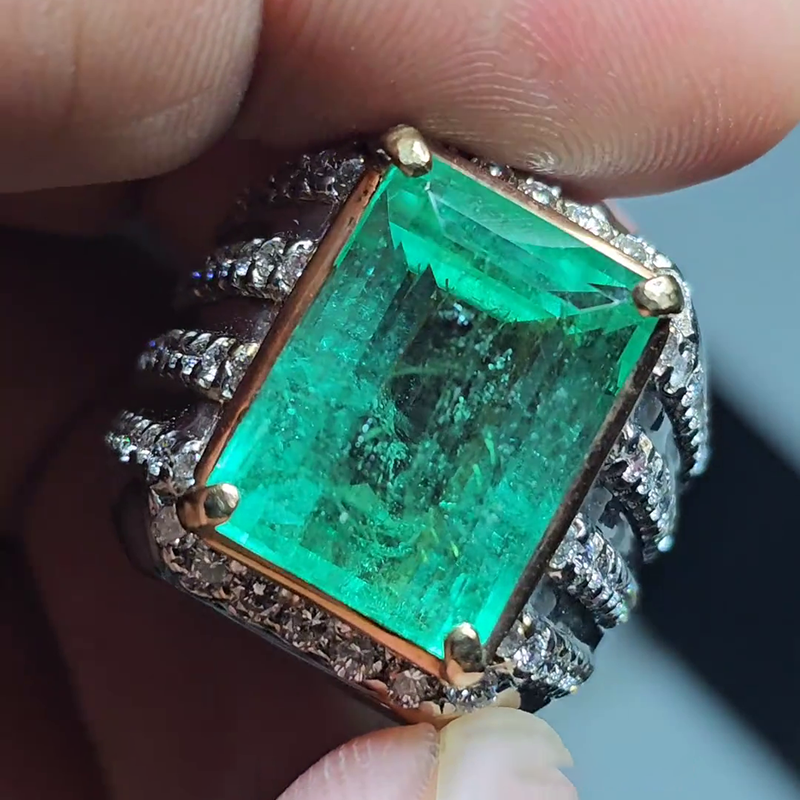 15ct Emerald Cut Emerald Green Two-Tone Pave Set Handmade Men's Ring