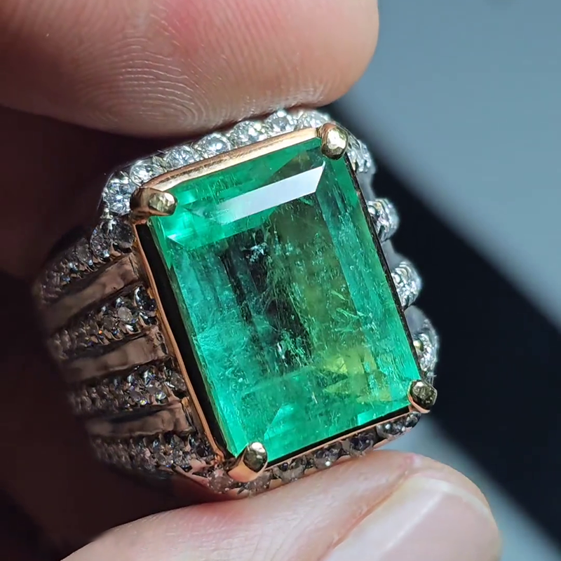 15ct Emerald Cut Emerald Green Two-Tone Pave Set Handmade Men's Ring