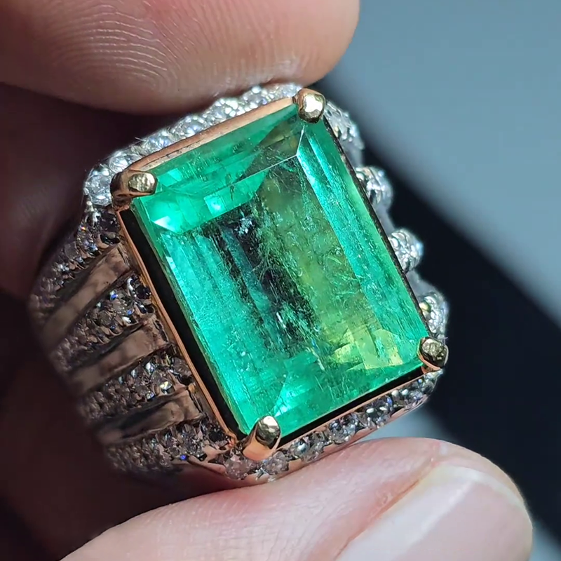 15ct Emerald Cut Emerald Green Two-Tone Pave Set Handmade Men's Ring