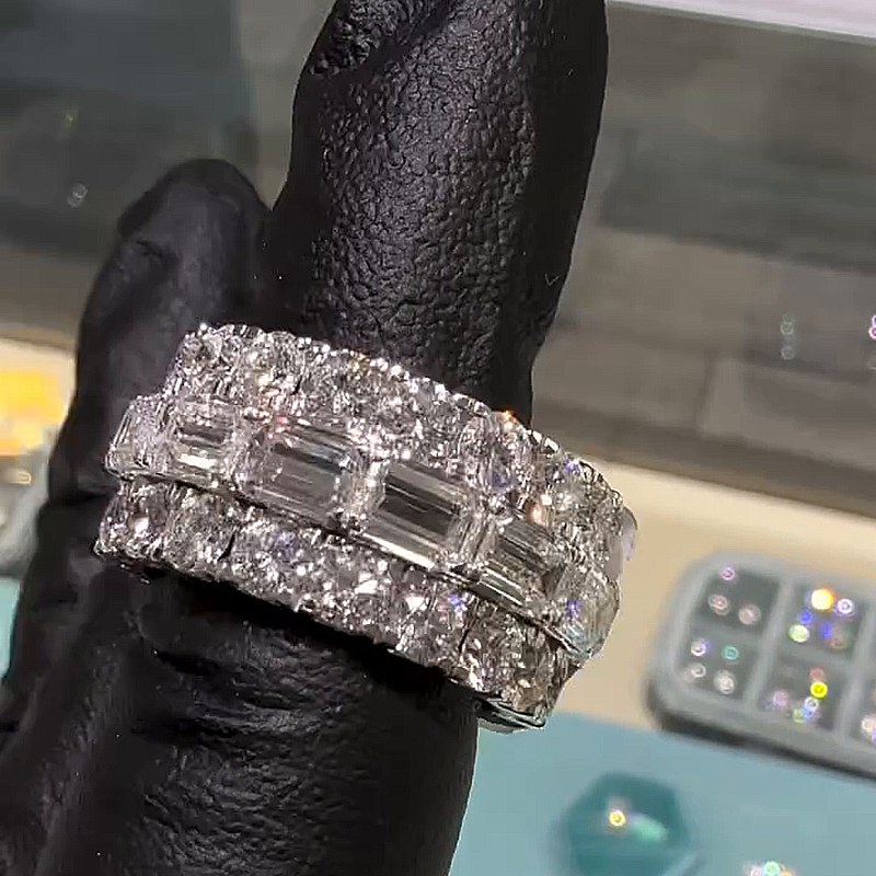 15ct Emerald & Round Cut White Sapphire Eternity Handmade Band Ring