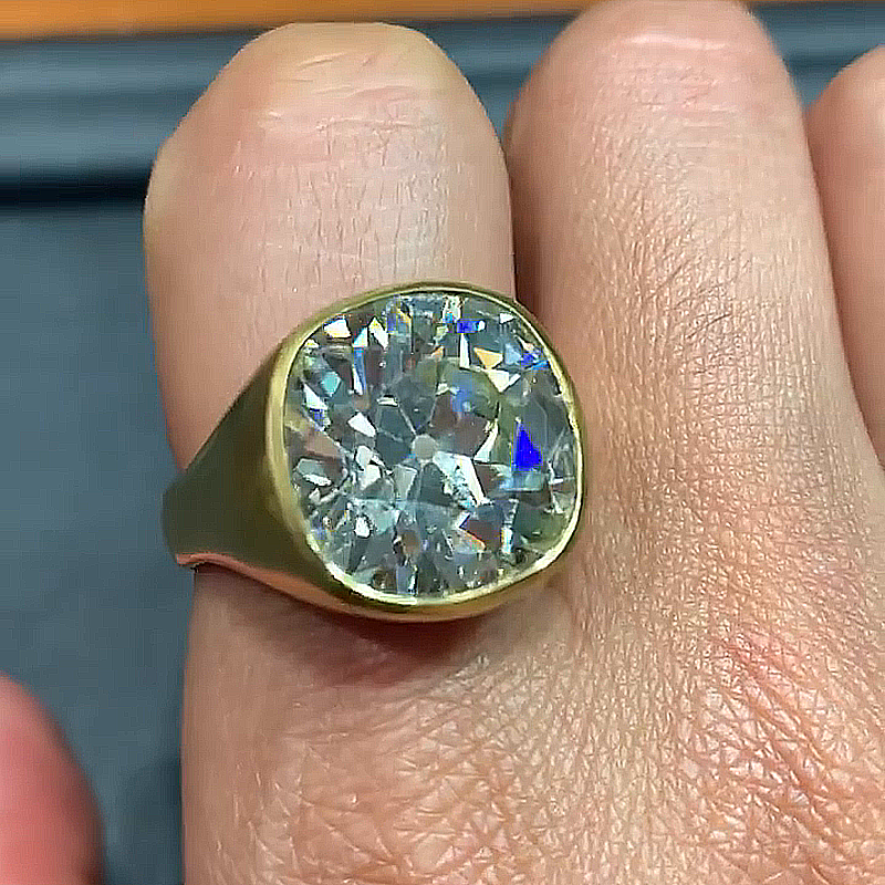 10ct Cushion Cut White Sapphire Yellow Gold Vintage Handmade Men's Ring