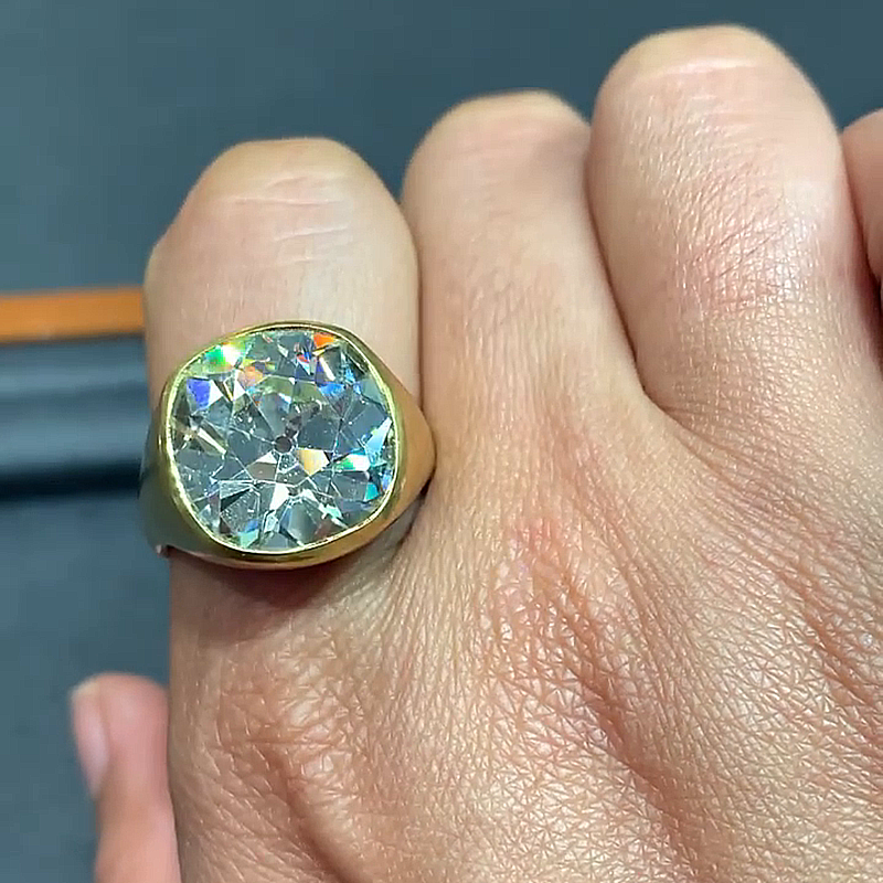 10ct Cushion Cut White Sapphire Yellow Gold Vintage Handmade Men's Ring