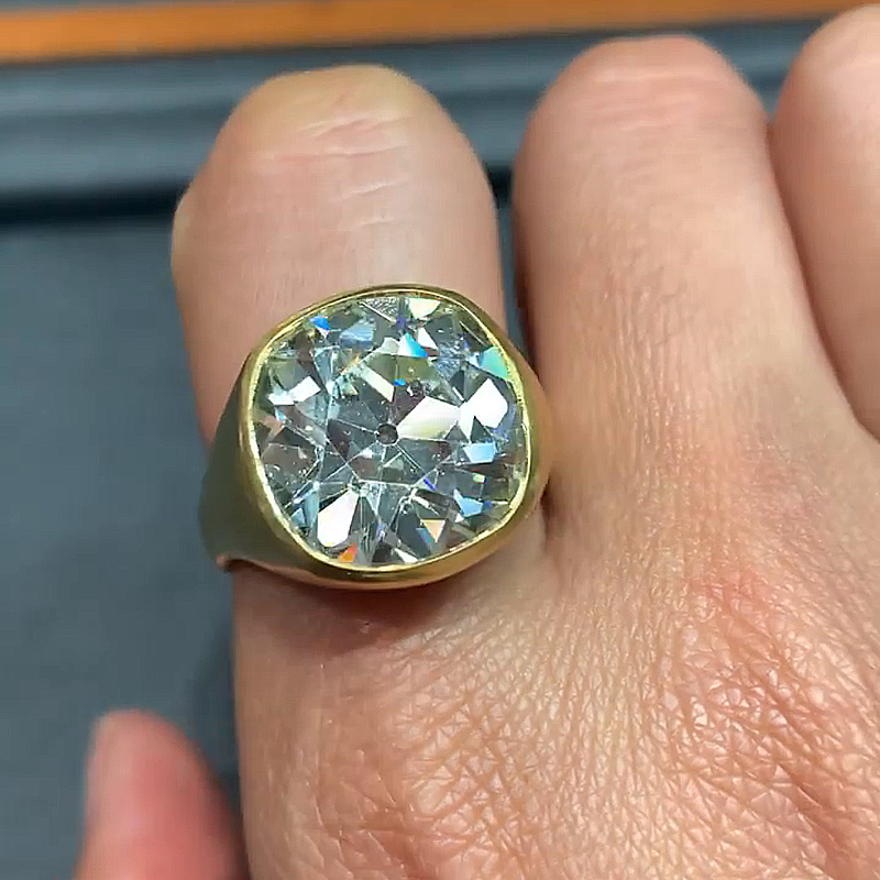 10ct Cushion Cut White Sapphire Yellow Gold Vintage Handmade Men's Ring