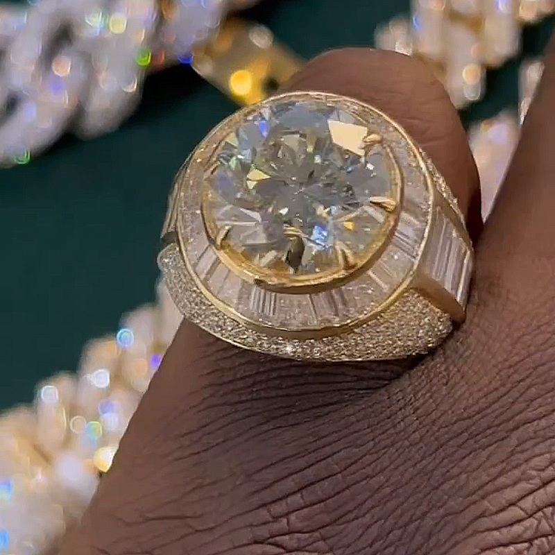 10ct Round Cut White Sapphire Halo Yellow Gold Handmade Men's Ring