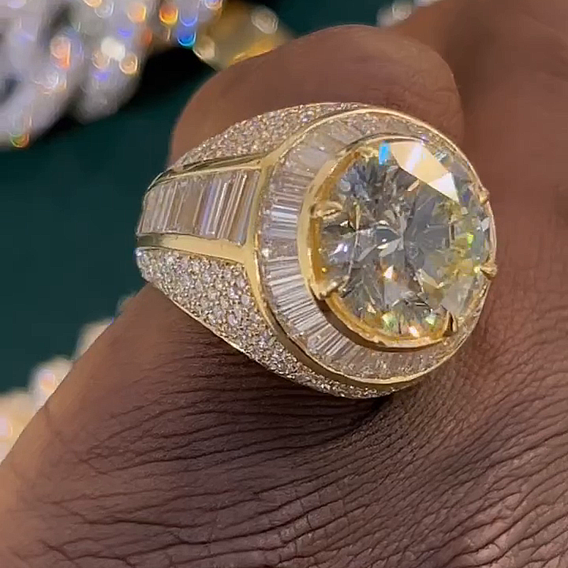 10ct Round Cut White Sapphire Halo Yellow Gold Handmade Men's Ring