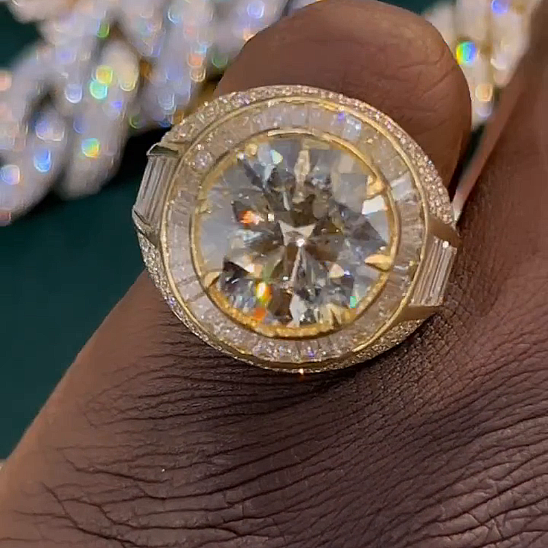 10ct Round Cut White Sapphire Halo Yellow Gold Handmade Men's Ring