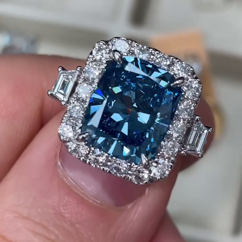 6ct Cushion Cut Blue Sapphire Halo Handmade Ring