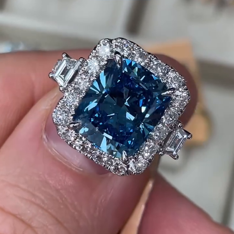 6ct Cushion Cut Blue Sapphire Halo Handmade Ring