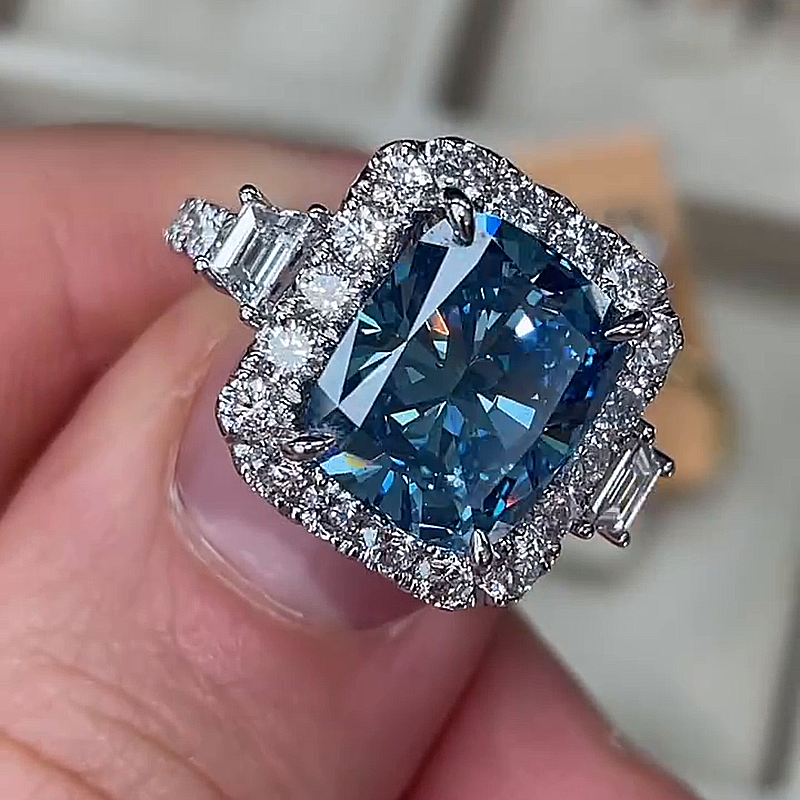 6ct Cushion Cut Blue Sapphire Halo Handmade Ring