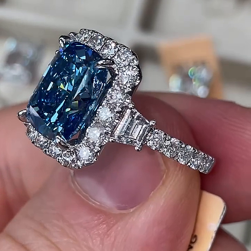 6ct Cushion Cut Blue Sapphire Halo Handmade Ring