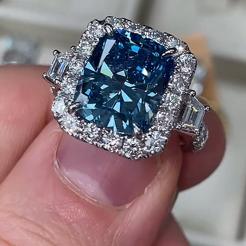 6ct Cushion Cut Blue Sapphire Halo Handmade Ring