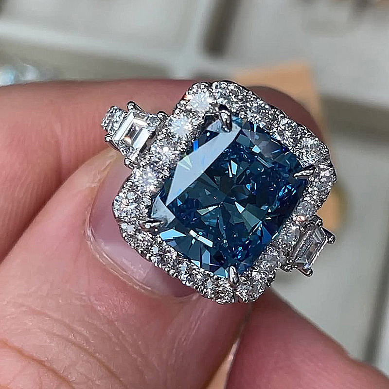 6ct Cushion Cut Blue Sapphire Halo Handmade Ring