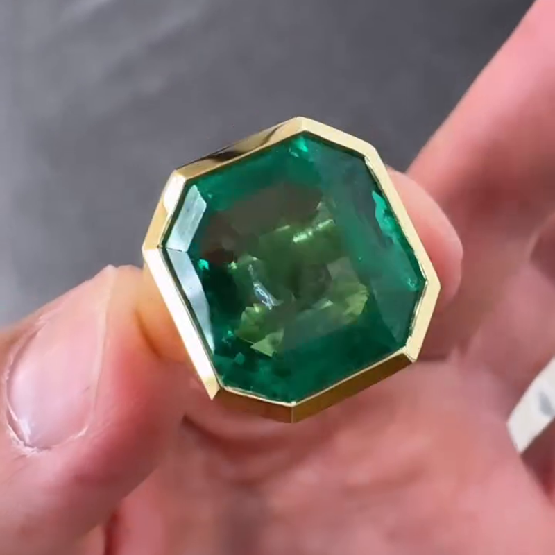 7ct Asscher Cut Emerald Yellow Gold Handmade Men's Ring