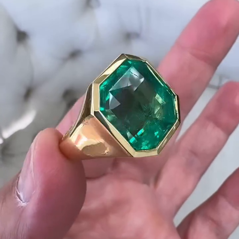 7ct Asscher Cut Emerald Yellow Gold Handmade Men's Ring