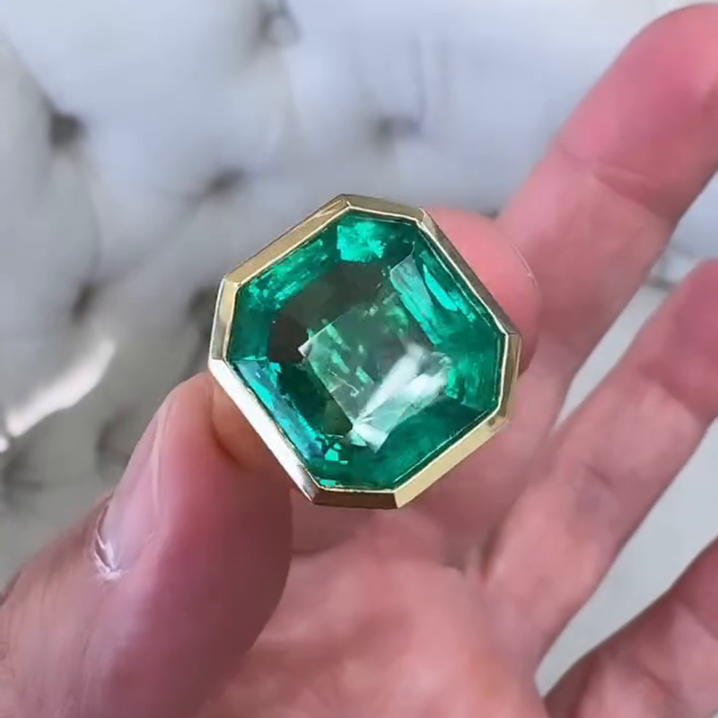 7ct Asscher Cut Emerald Yellow Gold Handmade Men's Ring