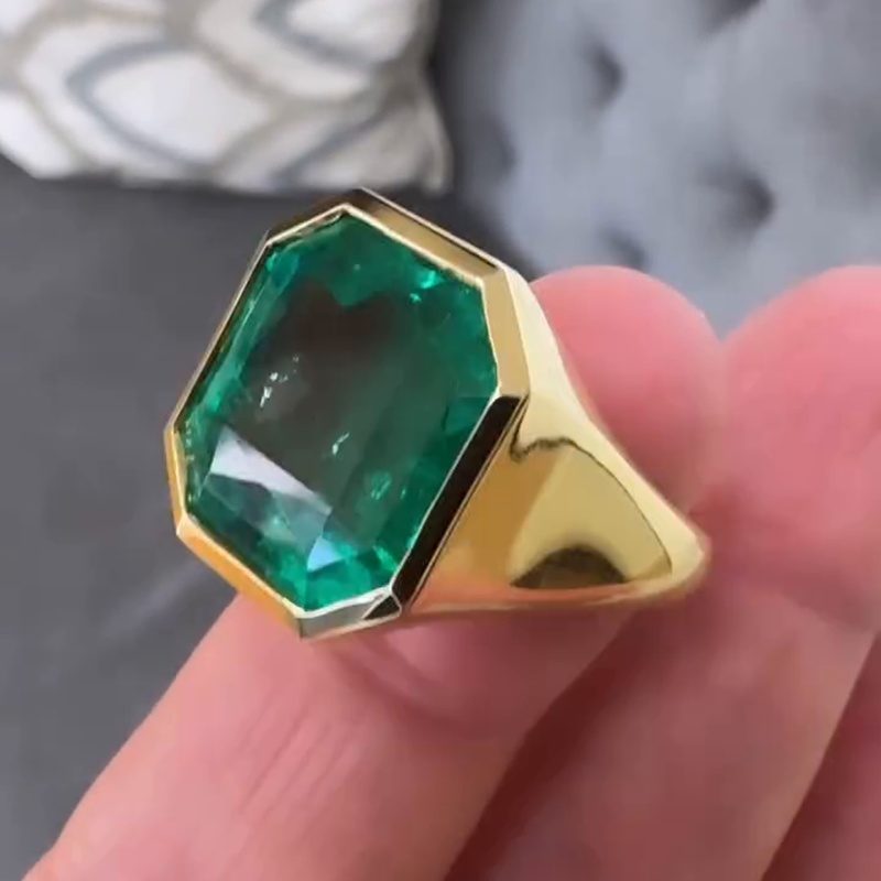 7ct Asscher Cut Emerald Yellow Gold Handmade Men's Ring