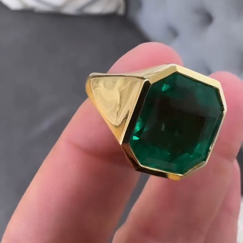 7ct Asscher Cut Emerald Yellow Gold Handmade Men's Ring