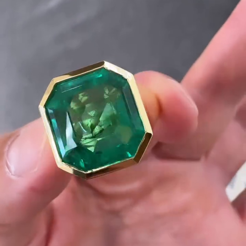 7ct Asscher Cut Emerald Yellow Gold Handmade Men's Ring