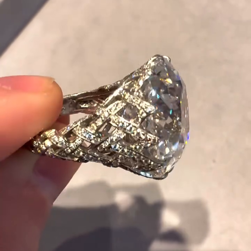 15ct Cushion Cut White Sapphire Pave Set Vintage Handmade Engagement Ring