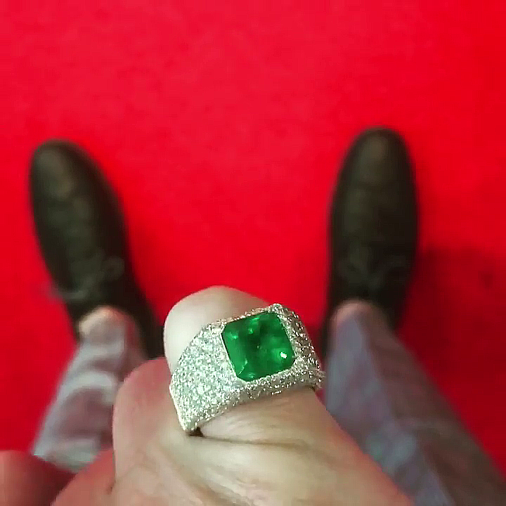 5ct Asscher Cut Emerald Pave Set Handmade Men's Pinky Ring