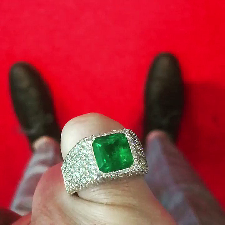 5ct Asscher Cut Emerald Pave Set Handmade Men's Pinky Ring