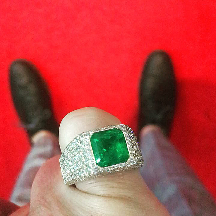 5ct Asscher Cut Emerald Pave Set Handmade Men's Pinky Ring