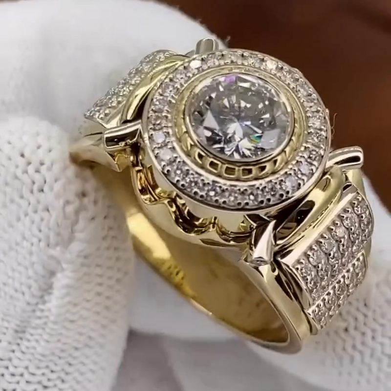 2.5ct Round Cut White Sapphire Vintage Handmade Yellow Gold Men's Ring