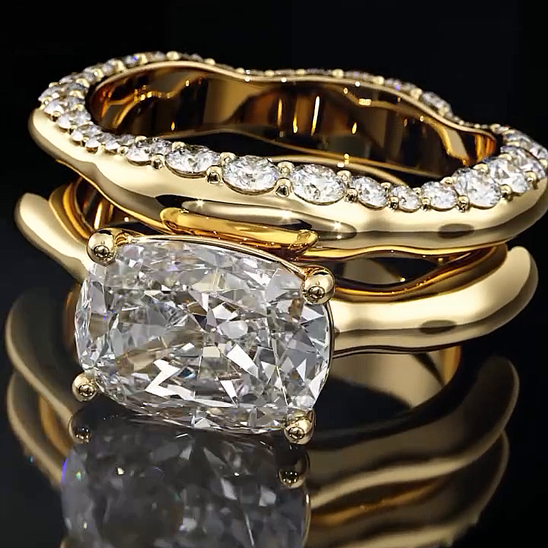 4ct Oval Cut White Sapphire Yellow Gold Handmade 2-Piece Ring Set