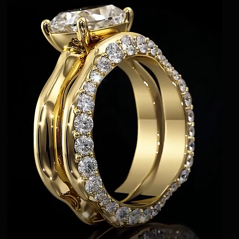 4ct Oval Cut White Sapphire Yellow Gold Handmade 2-Piece Ring Set