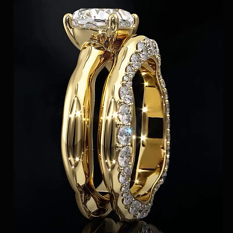 4ct Oval Cut White Sapphire Yellow Gold Handmade 2-Piece Ring Set