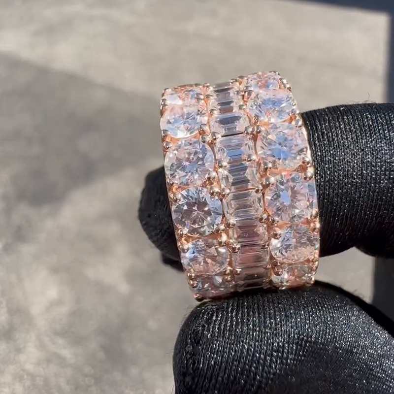 18ctw Round & Emerald Cut White Sapphire Rose Gold Handmade Men's Band