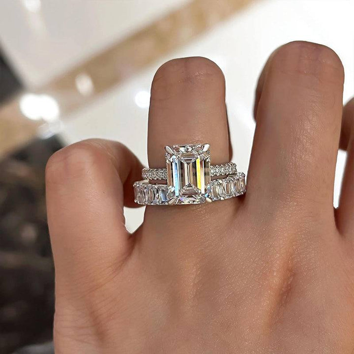 Emerald Cut Gold Tone Classic Bridal Ring Sets In 925 Sterling Silver