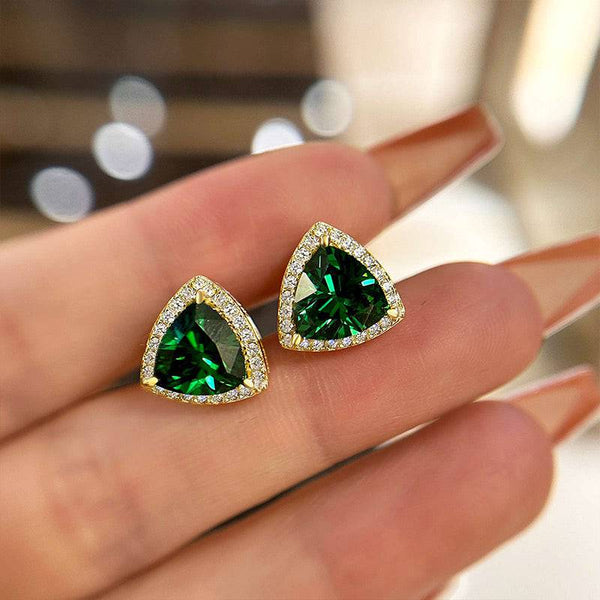 5ct Elegant Yellow Gold Trillion Cut Emerald Green Earrings In Sterling Silver