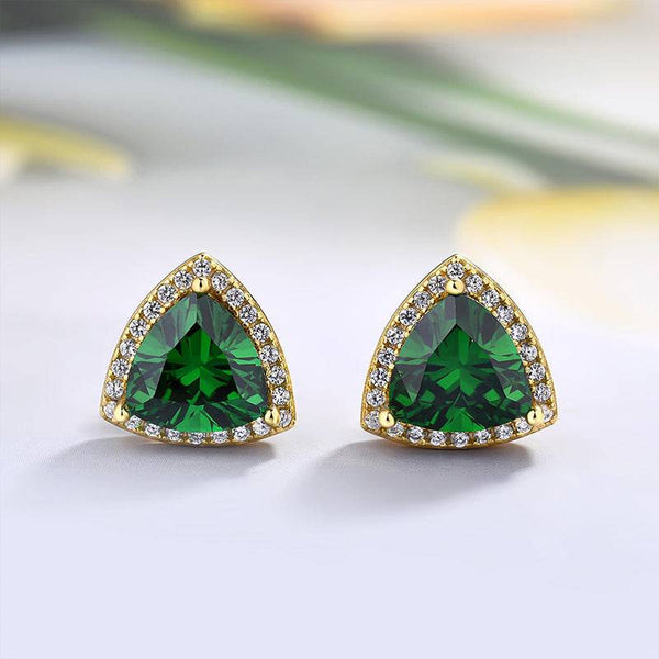 5ct Elegant Yellow Gold Trillion Cut Emerald Green Earrings In Sterling Silver