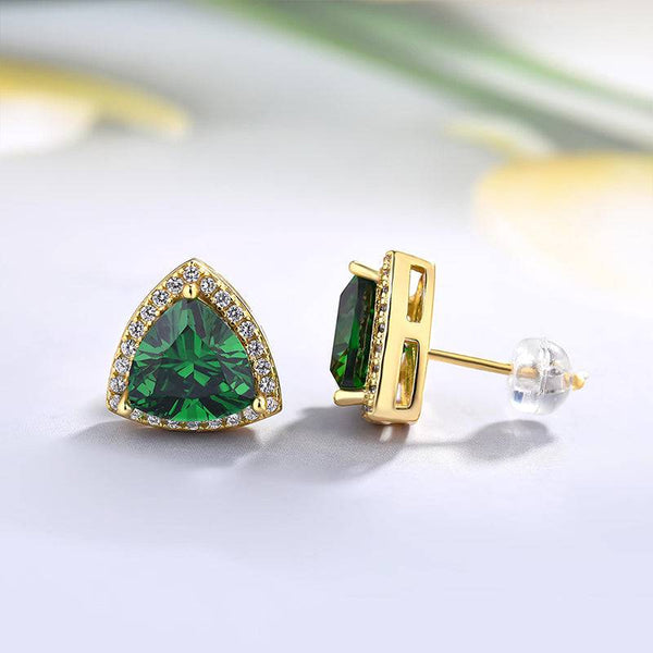 5ct Elegant Yellow Gold Trillion Cut Emerald Green Earrings In Sterling Silver