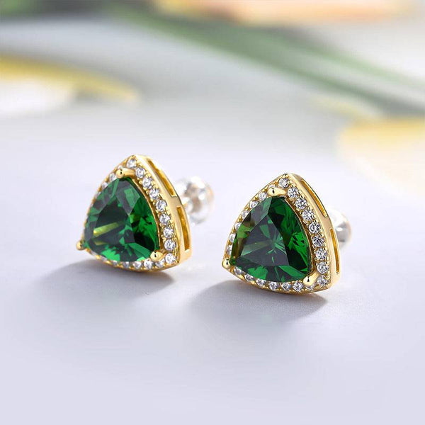 5ct Elegant Yellow Gold Trillion Cut Emerald Green Earrings In Sterling Silver