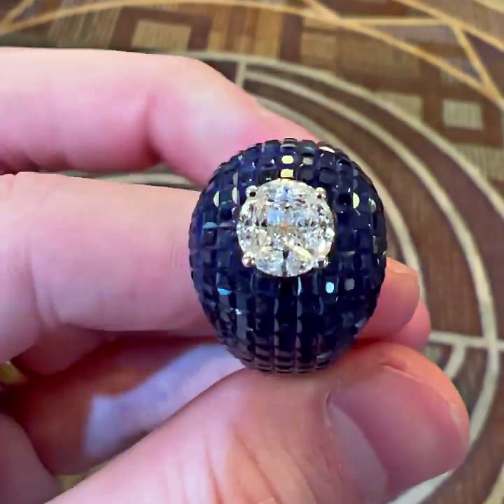 3ct Invisibile Setting Round Cut Blue Sapphire Cocktail Ring