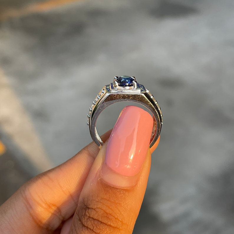 1.5ct Round Cut Blue Sapphire Men's Engagement Ring