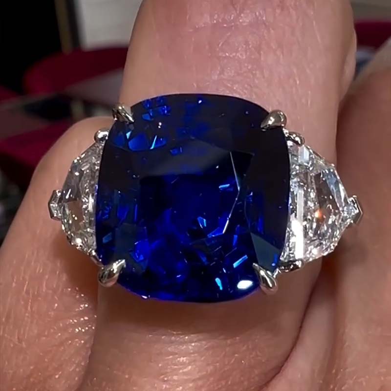 10ct Asscher Cut Blue Sapphire With Two Side Stones Sterling Silver Ring