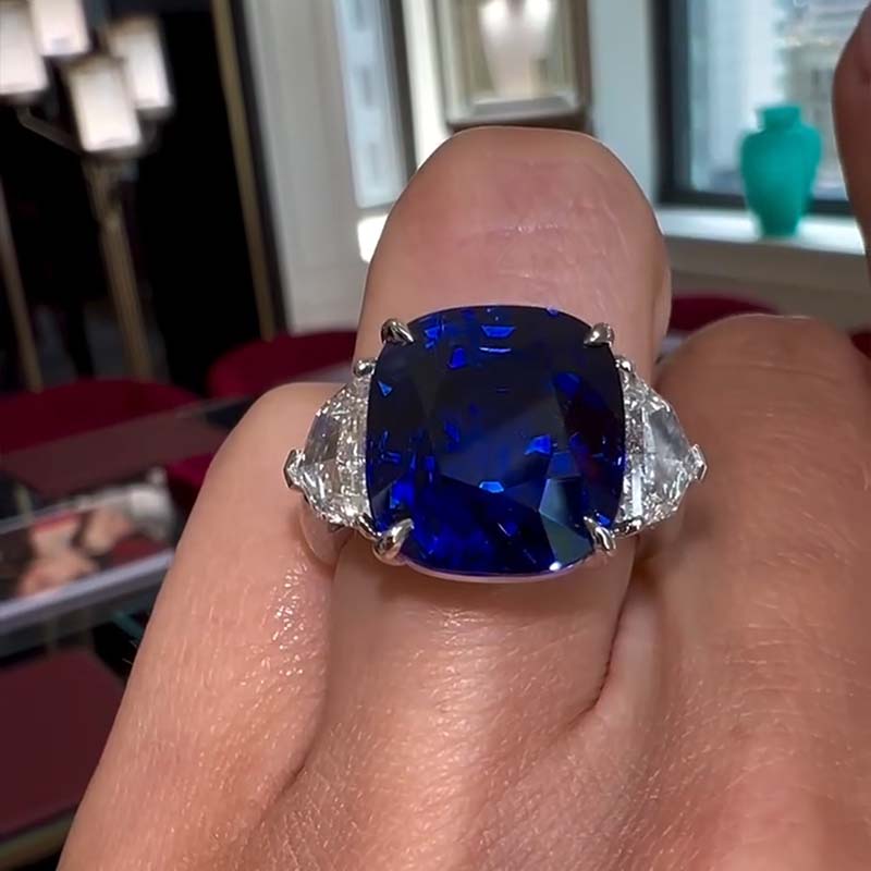 10ct Asscher Cut Blue Sapphire With Two Side Stones Sterling Silver Ring