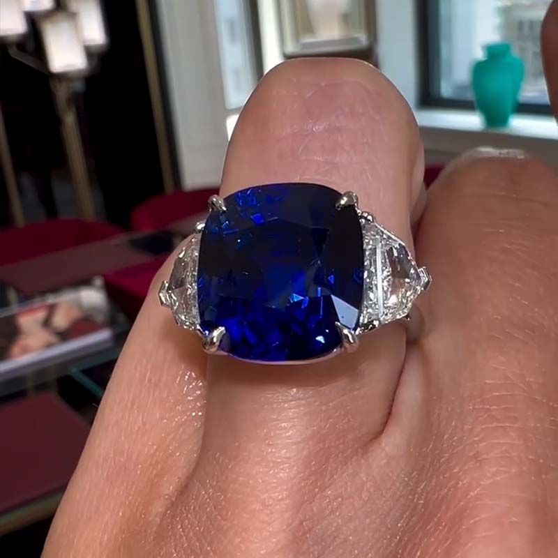 10ct Asscher Cut Blue Sapphire With Two Side Stones Sterling Silver Ring